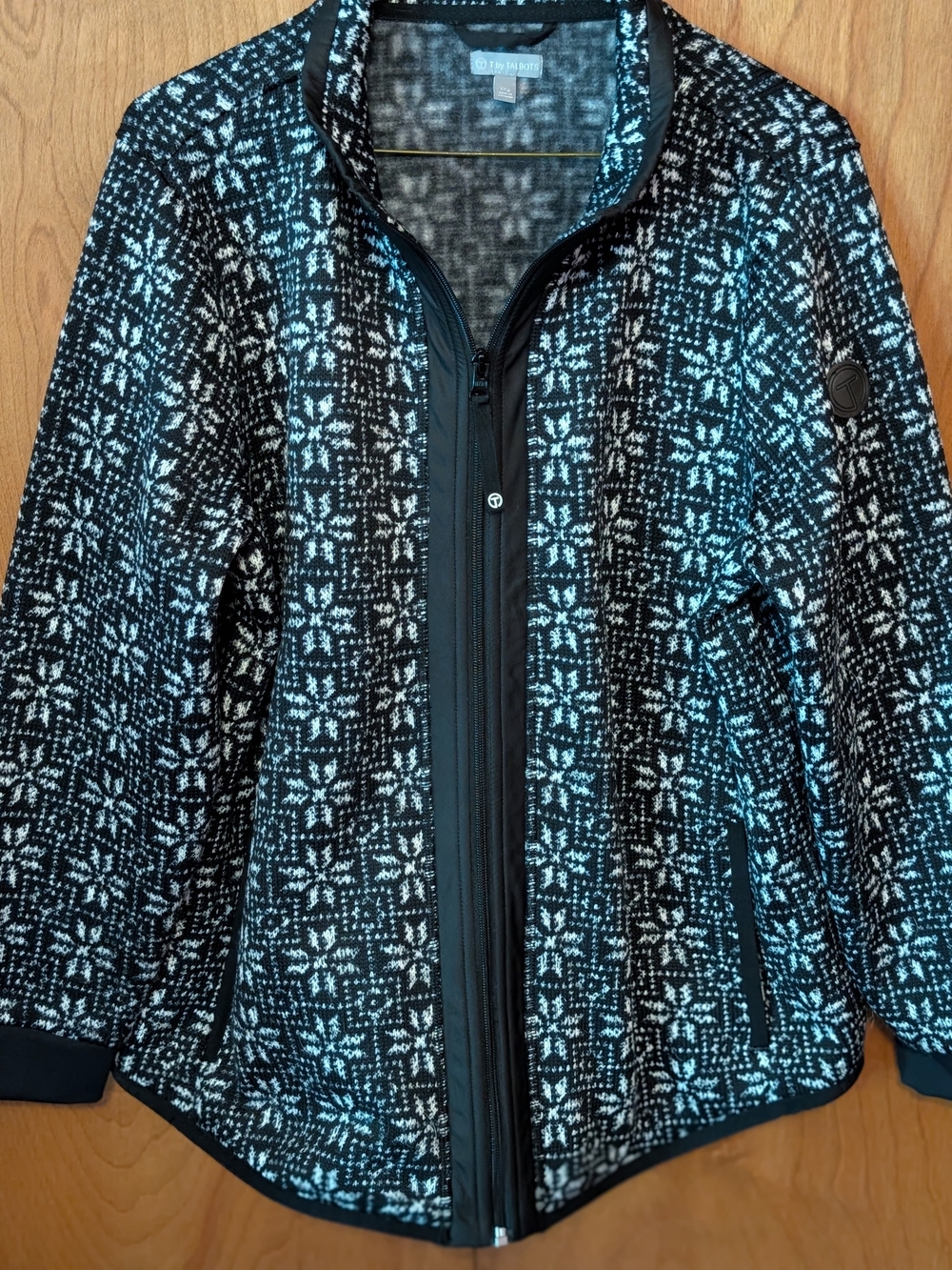 Talbots Black and White Patterned Teddy Zip Jacket